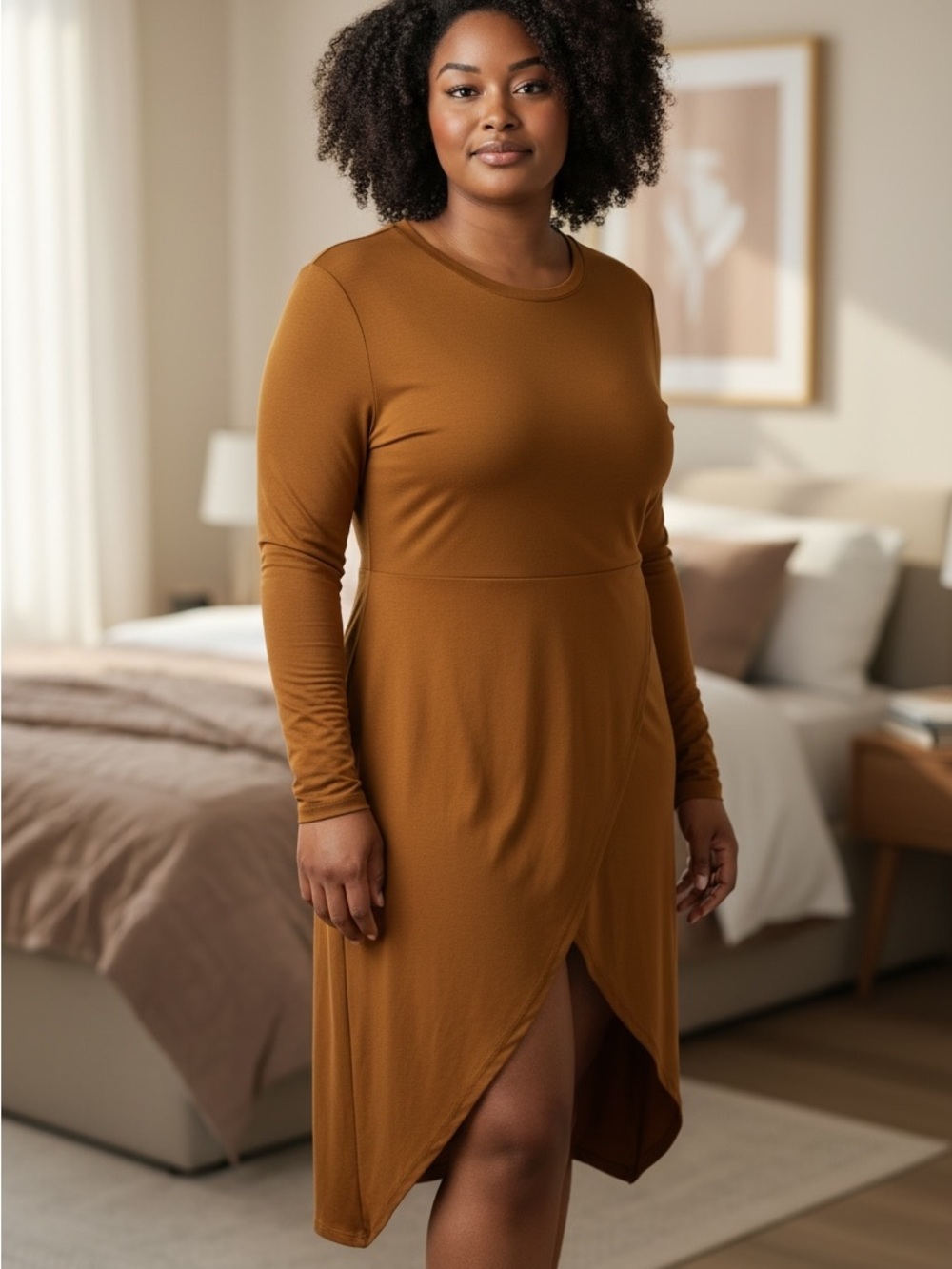 SHEIN Long-Sleeve Wrap Skirt Midi Dress in Caramel